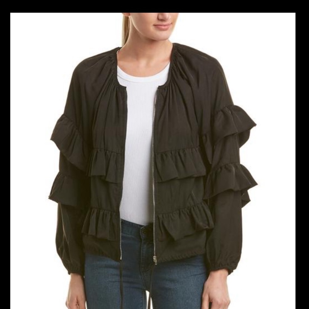 Lucca Couture Zip Up Tiered Navy w/ Tan Polka Dots Ruffle Long Sleeve Jacket Sm - Picture 9 of 10